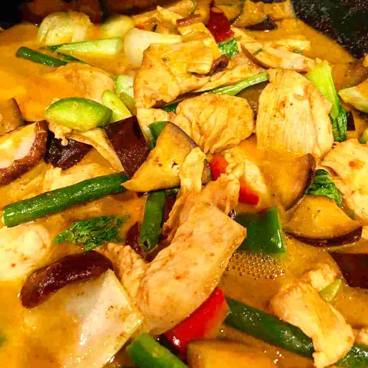 Chicken in red curry sauce with vegetables.
