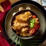 Chicken adobo in a bowl.