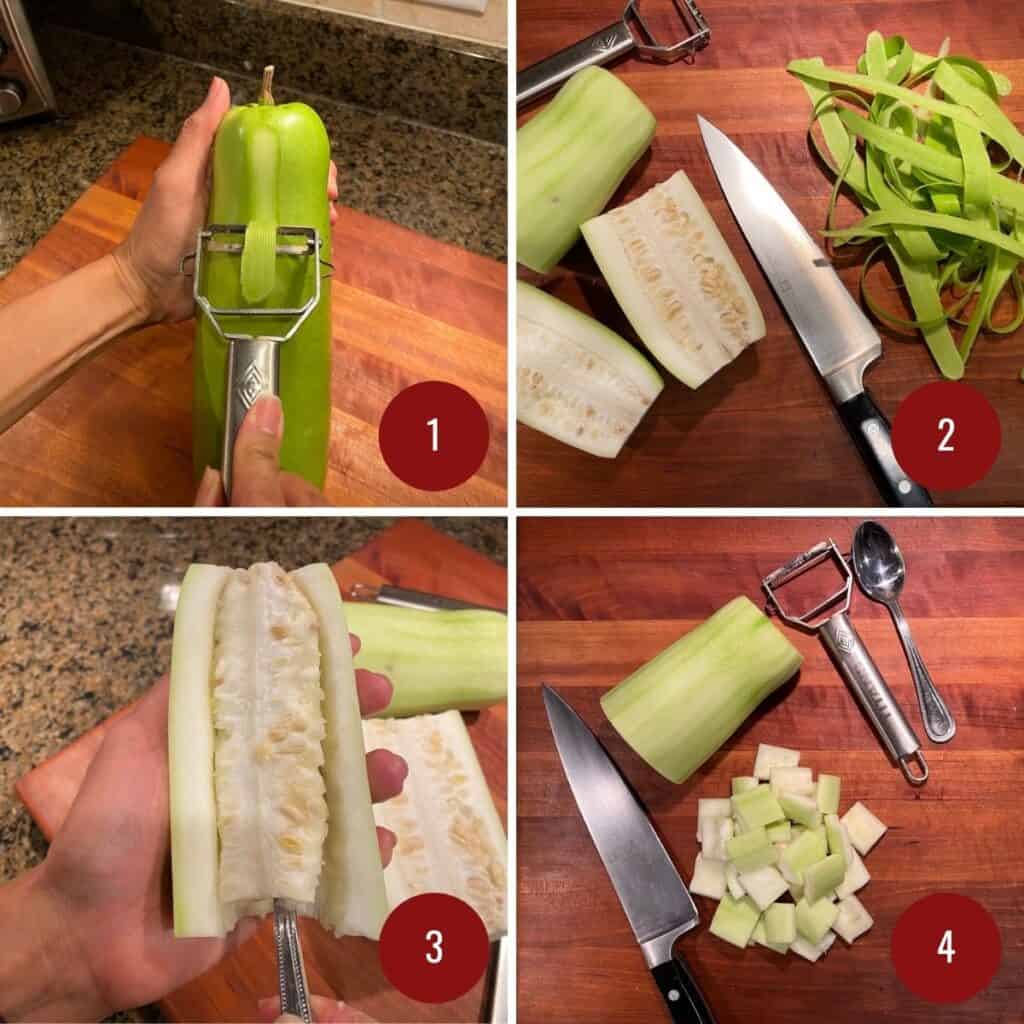 Instructions on how to peel and cut opo squash.