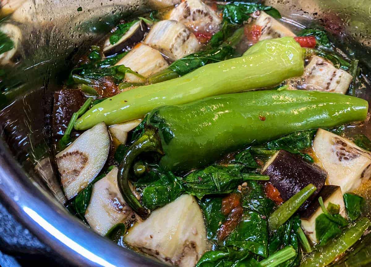Sinigang Pork in Instant Pot with Anaheim Peppers, Eggplant, Green Beans, Spinach, Tomatoes
