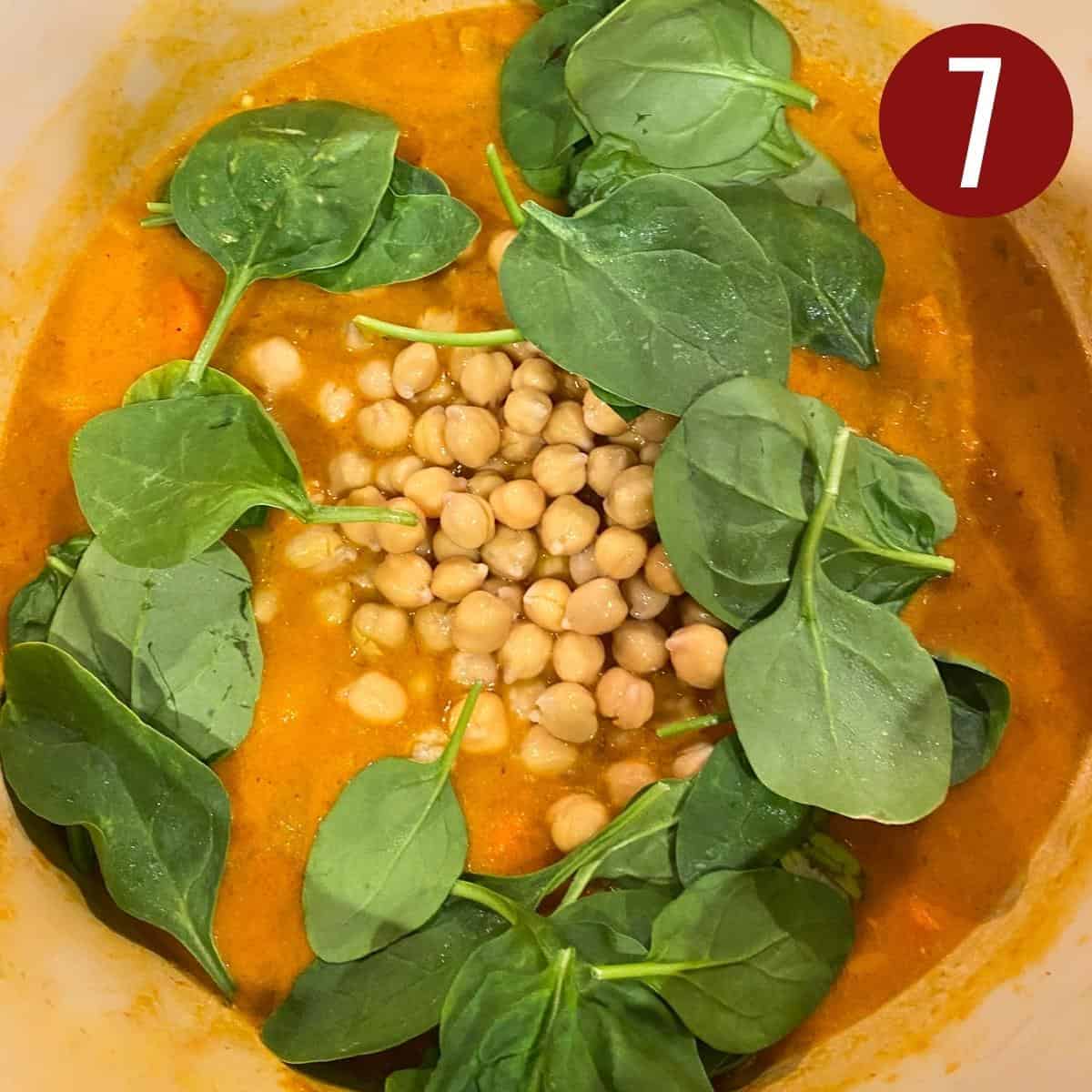 Step 7 add chickpea and spinach in the pot.