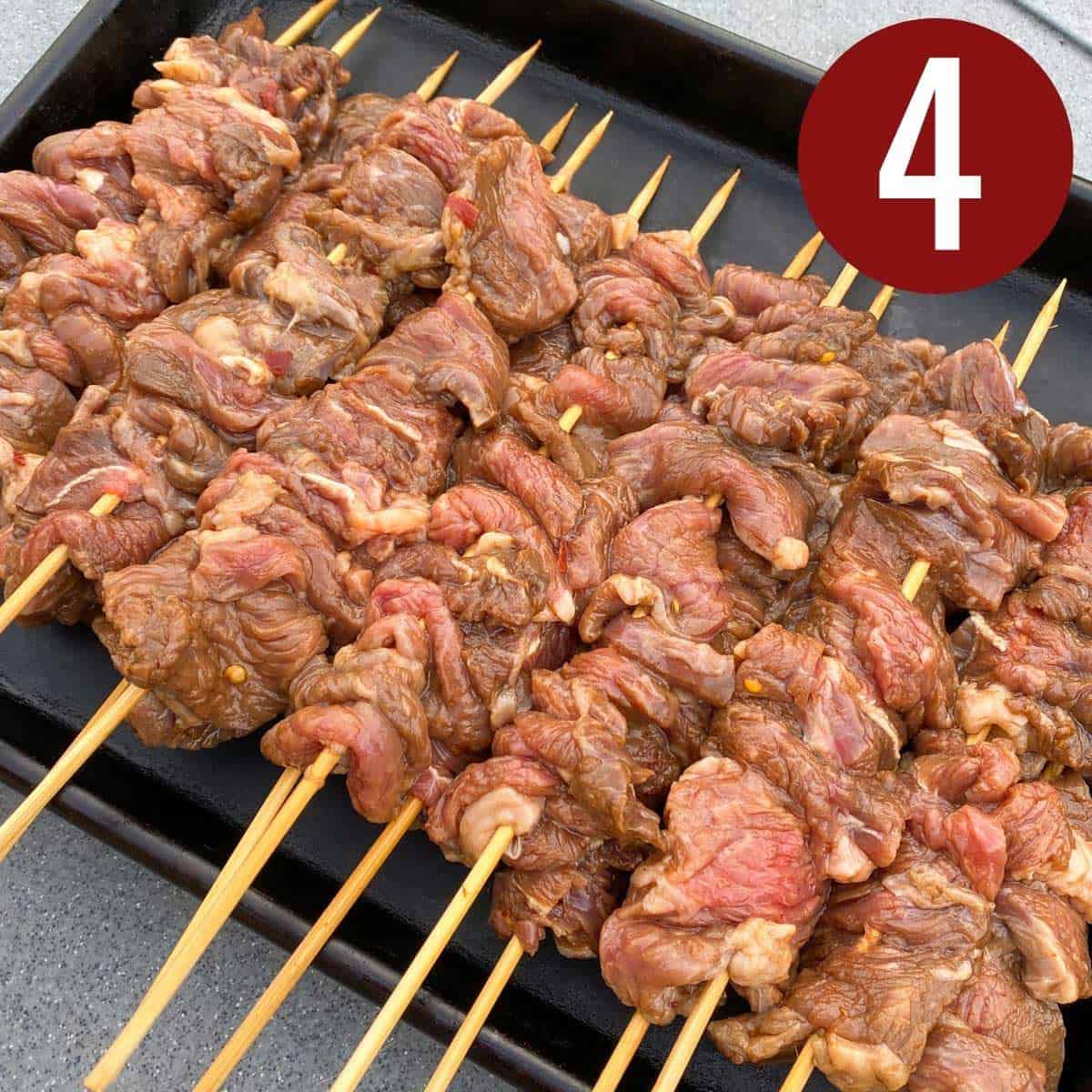 Step 4 skewered beef for Filipino BBQ.