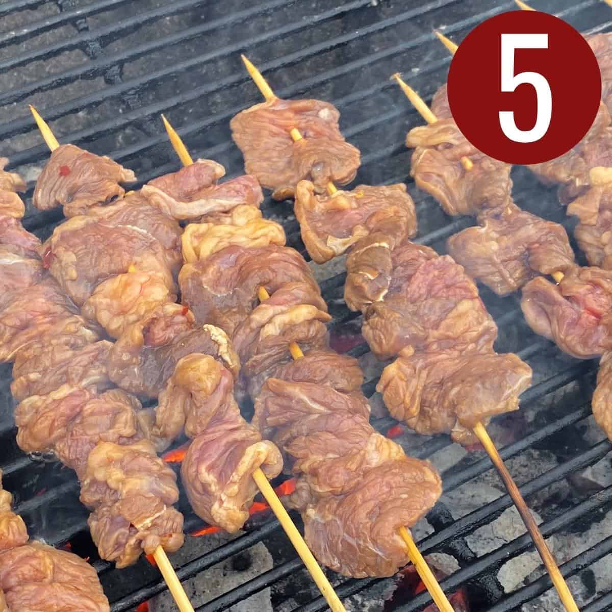 Step 5 grill skewered beef for Filipino BBQ.