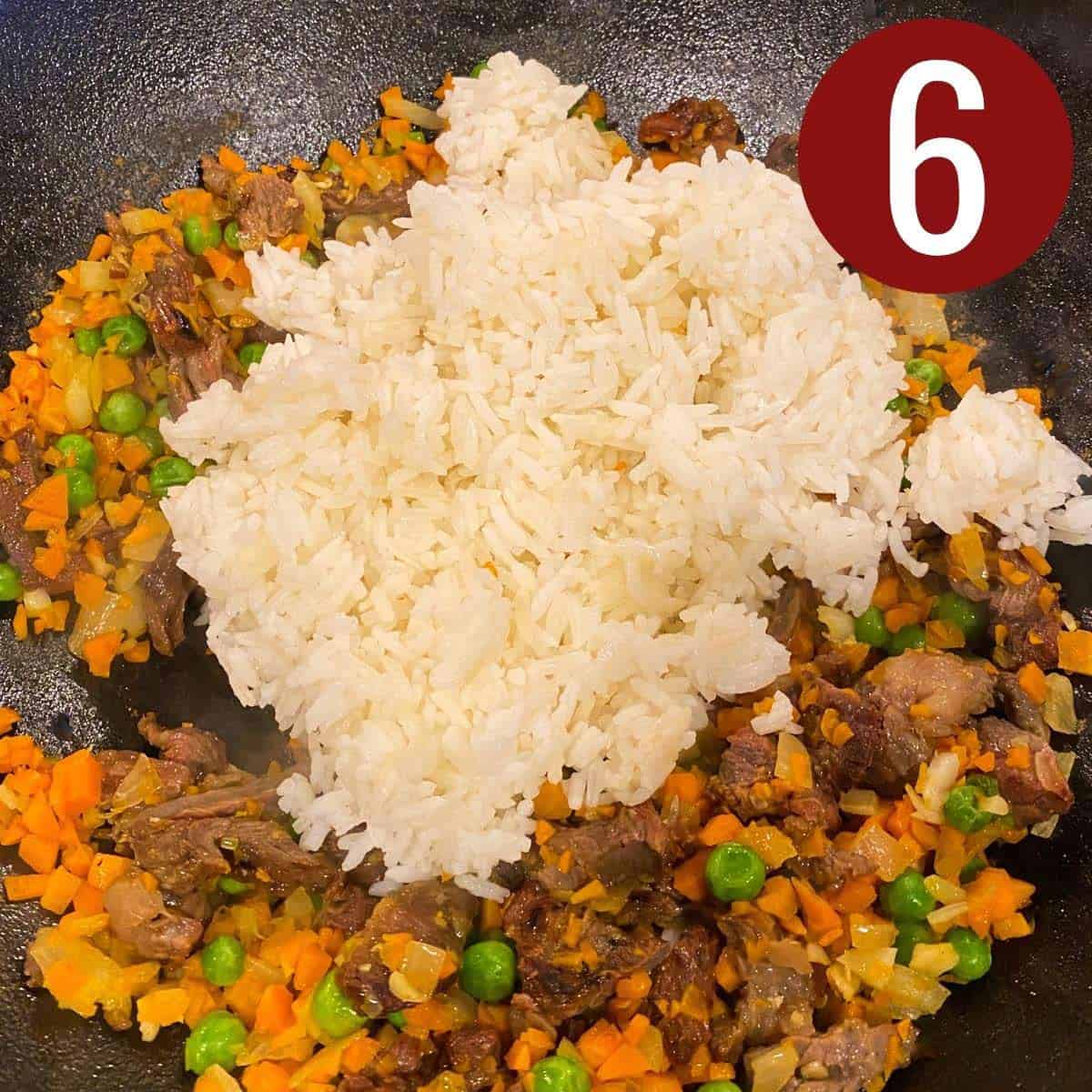 Step 6 how to make steak fried rice.