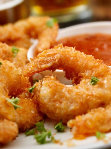 Crunchy shrimp on a white plates.