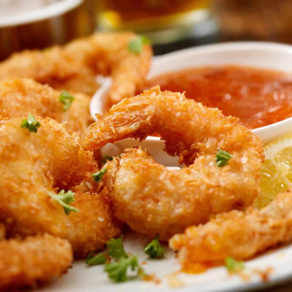 Crunchy shrimp on a white plates.