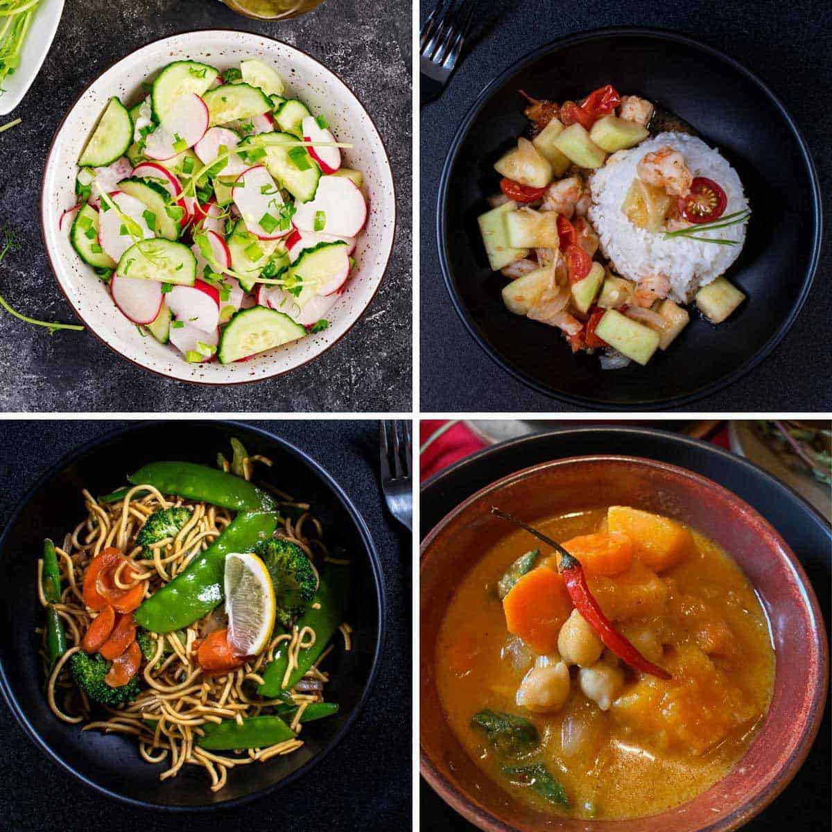 Filipino cucumber salad, sauteed opo squash, Filipino vegetable pancit, and butternut squash with chickpea.