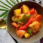 Filipino Pork Mechado with Vegetables in a brown bowl.