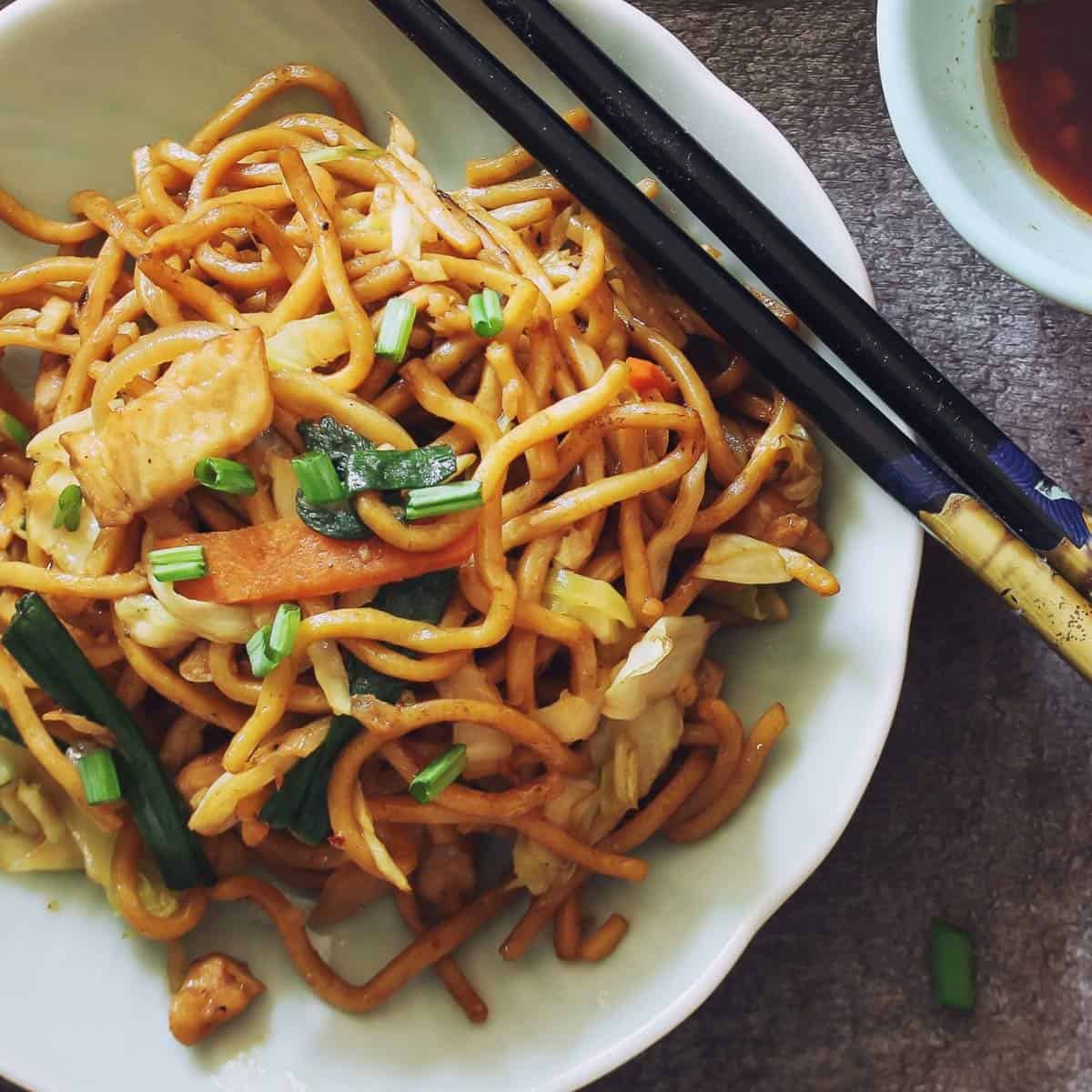Chicken lo mein with vegetables on a white plate.
