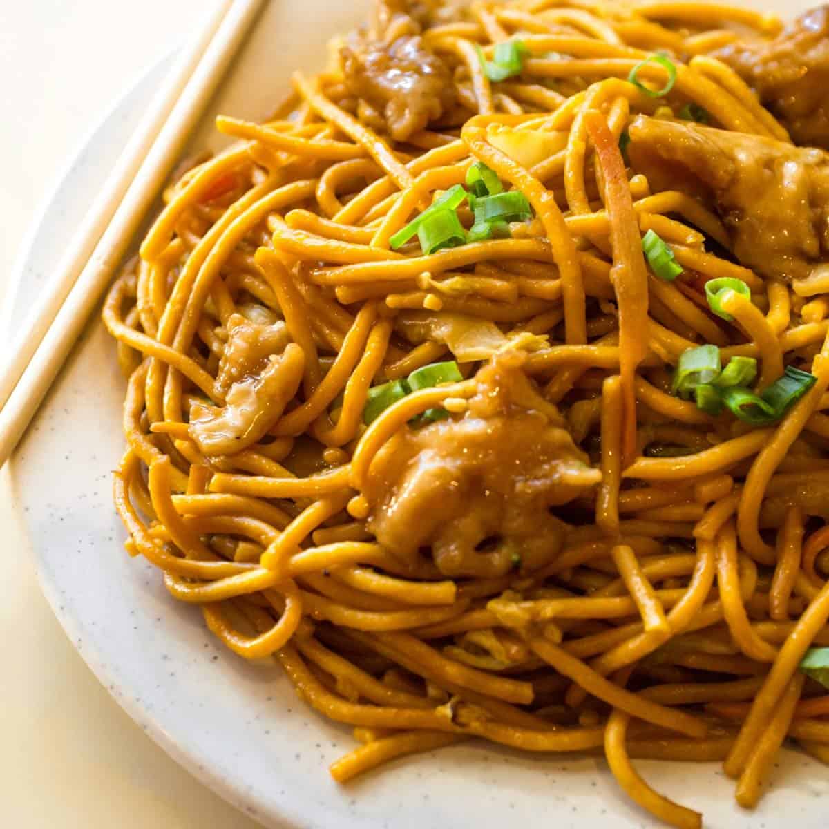 Chicken lo mein with sliced green onions on a plate.
