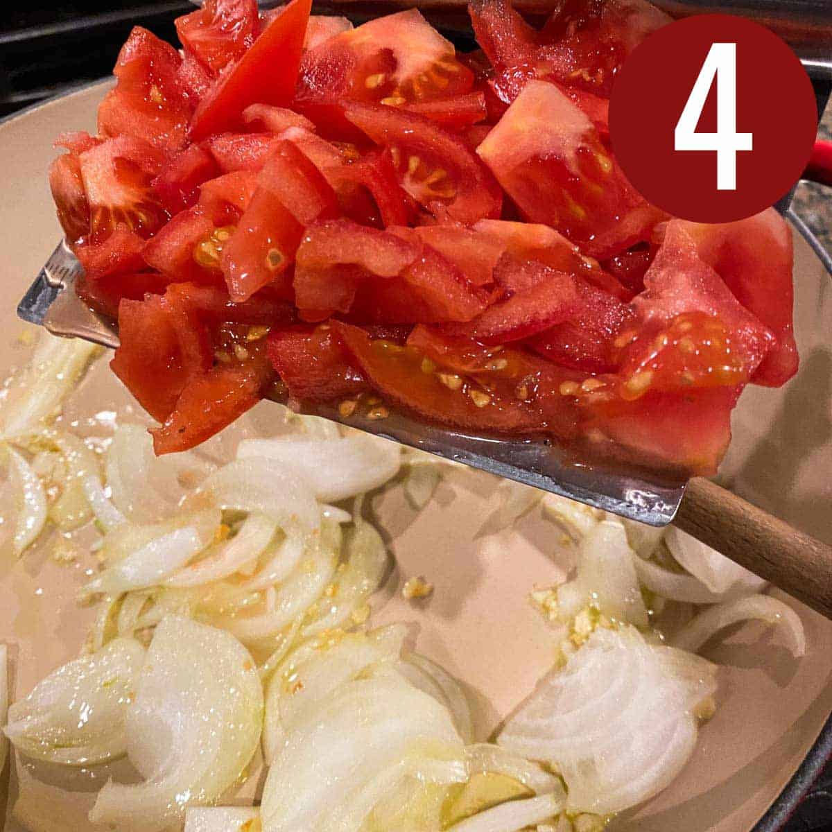 Garlic, onion, tomatoes, in a skillet.